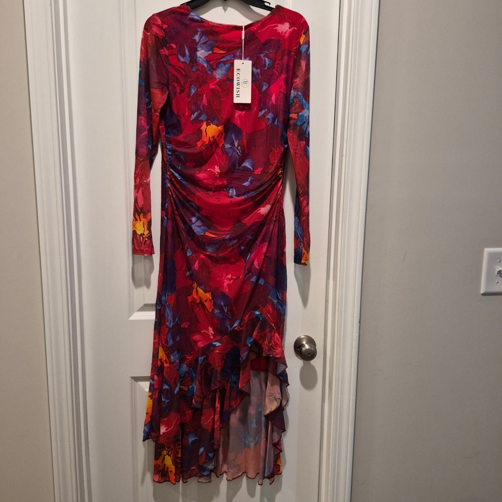 Ecowish Women Red Floral Ruched High Low Ruffle Hem Long Sleeve Midi Dress NWT